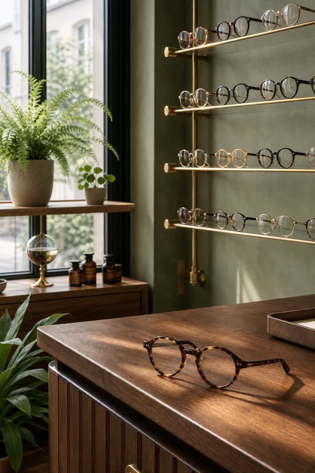 Der Innenraum von Die Brille Haßfurt – Ladentheke mit Brillenwand